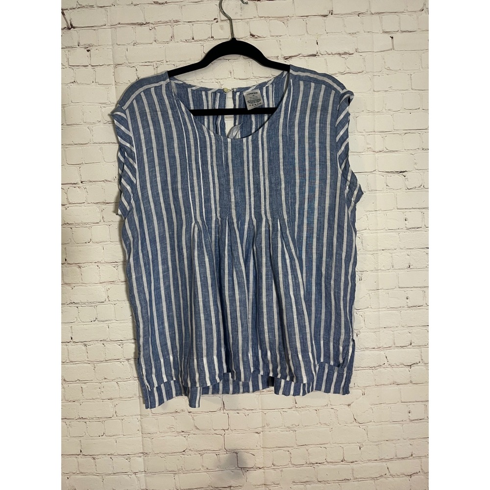 Lands End Womens Blue White Striped 100% Linen Sleeveless Blouse Top 12P Petite